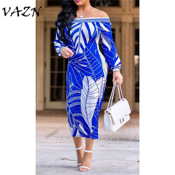 

VAZN Top Quality New Design 2018 Casual Style Women Dress Print Slash Neck Full Sleeve Bodycon Midi Dress Vestido 5438