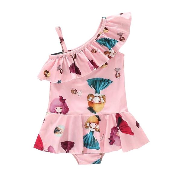 

lovely swimwear baby girls bikini print one off-shoulder swimsuit bathing swimming one-piece clothing, White