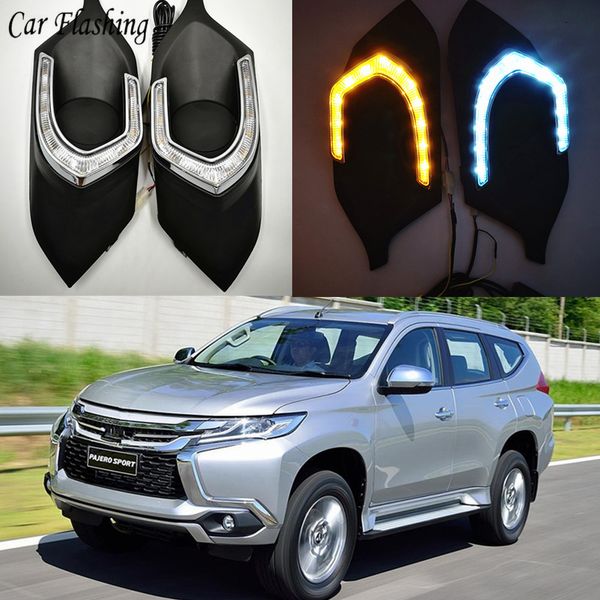 

car flashing 2pcs 12v car led for mitsubishi pajero sport 2016 2017 turn signal drl daytime running lights with fog lamp hole