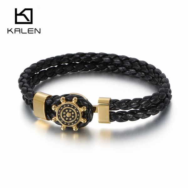 

21.5cm genuine braided leather bracelet men stainless steel gold/silver star charm bracelet easy hook bangle jewelry gifts, Golden;silver