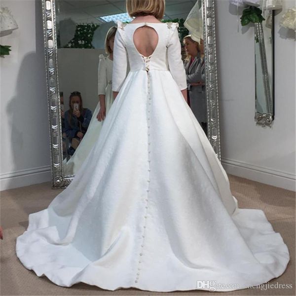 

cute white flower girls' dresses long illusion sleeves lace applique beaded jewel neck covered buttons bow pearls kids birthday party g, White;blue