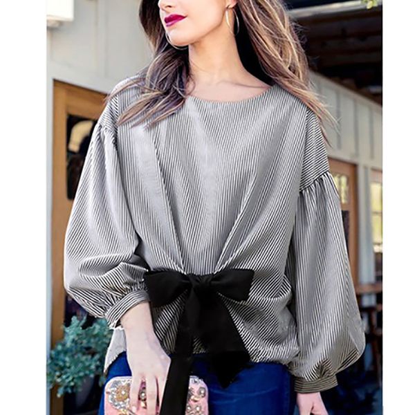 

women's blouse striped lantern sleeve blouse bow loose long sleeve round neck women's shirt blusas mujer de moda 2020 y10, White