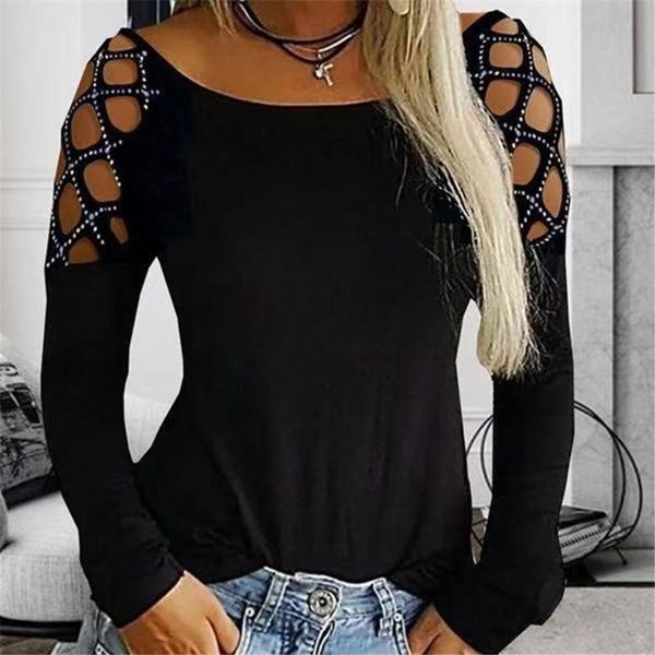 

s-5xl women blouses hollow out casual o-neck cotton jumper pullover black long sleeve shirt blusas camisas mujer, White