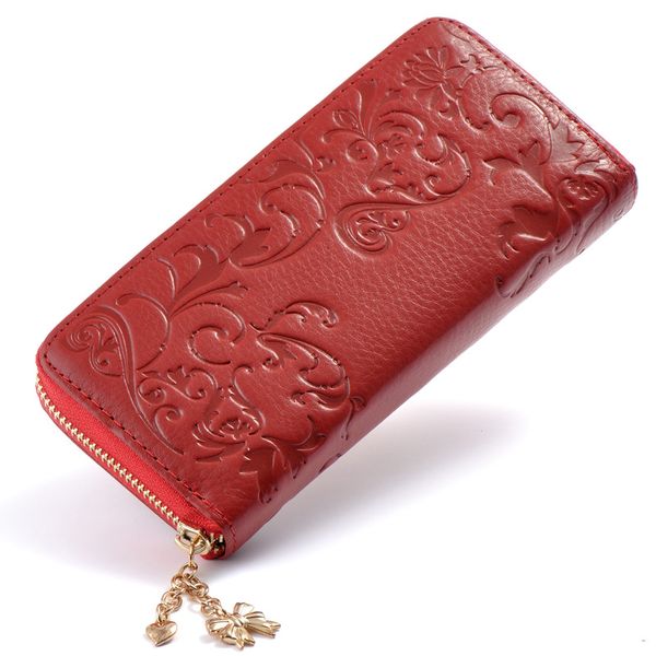 

women's wallet long oil wax leather european and american handbag morning glory wallet, Red;black