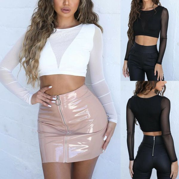 

мода женщин sheer сетки см через длинный рукав футболка блузка crop tee топы, White