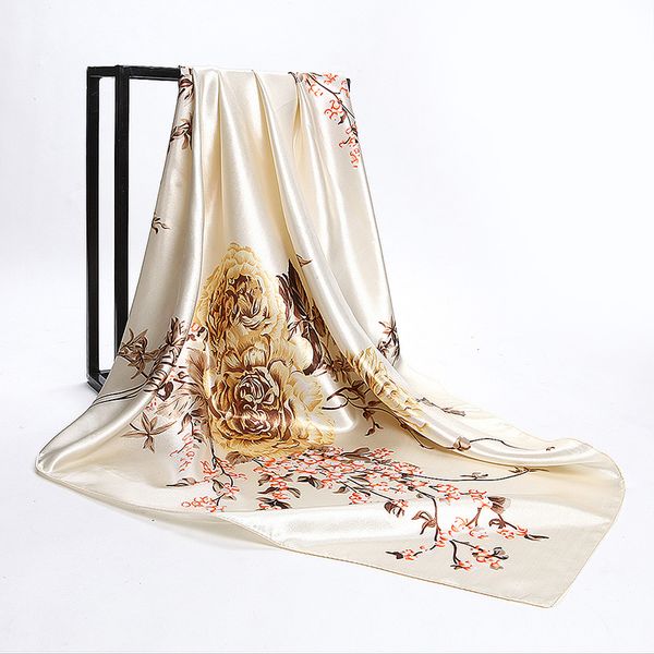 

fashion shawl scarves for women floral print satin silk hijab scarf female 90x90cm square kerchief shawl head scarfs for ladies, Blue;gray
