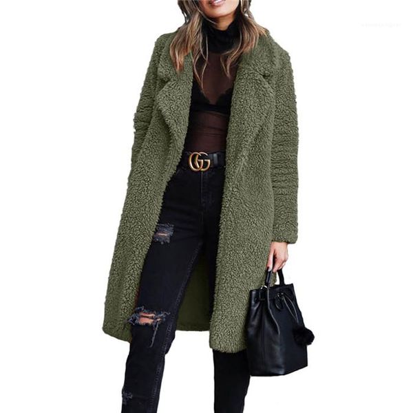 

outerwear winter plush lapel neck women long coat fashion cardigan wool coats casual solid color women, Black