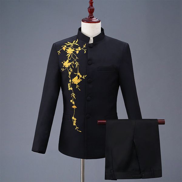 

embroidered chinese tunic suit collar men suits wedding blazers slim fit male suit tuxedos prom business groom suits white 2 pcs, White;black