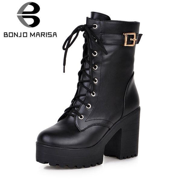 

bonjomarisa 2019 spring new dropship 34-43 women platform ankle boots lace-up motorcycle boots high heels shoes woman, Black