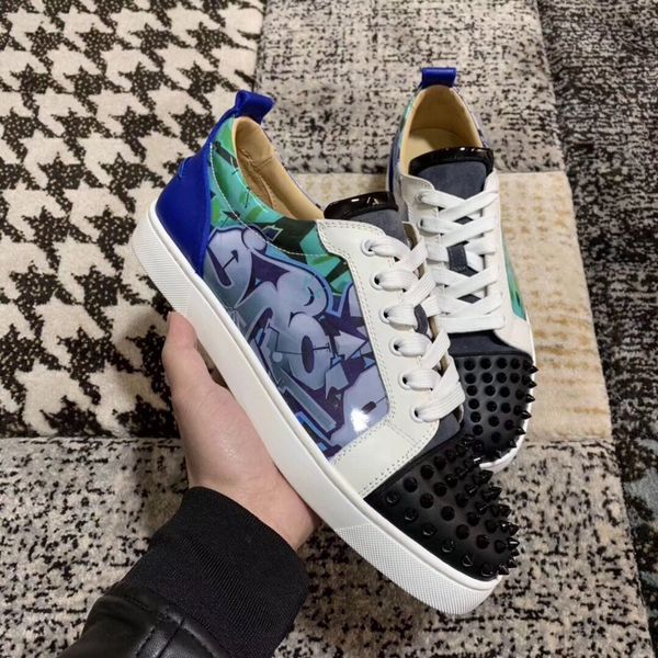 

loubi граффити лакированные младшие шипов кроссовки low top кружевной обувь элегантного comfort шпилька red sole повседневные квартиры с кор, Black