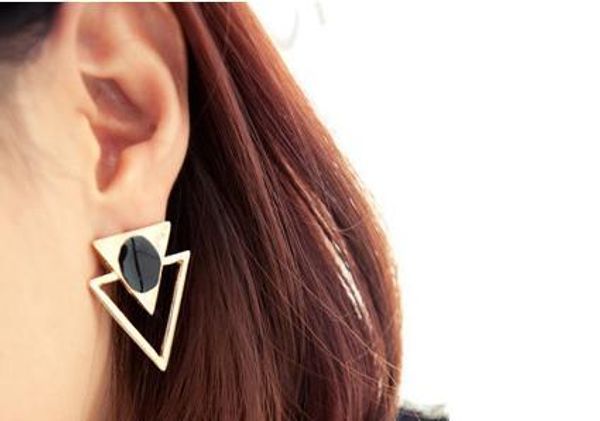 

european style gold plated hollow out enamel double triangle earrings ear stud for women 3 colors u choose ny, Silver