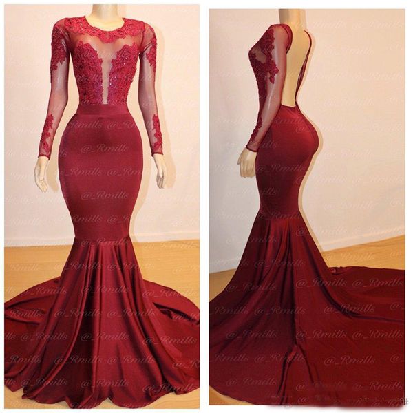 

2019 Dark Red Long Sleeves Mermaid Prom Dresses Sheer Illusion Appliques Lace Sexy Open Back Long Evening Gowns Party Dresses