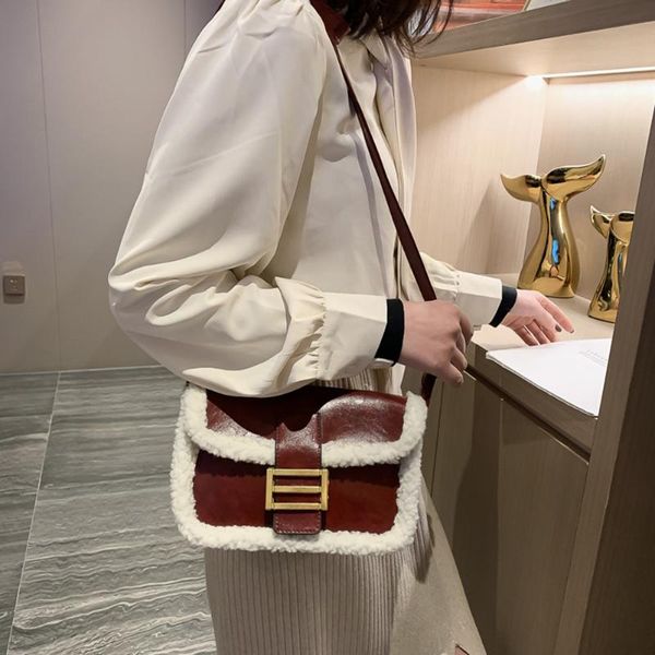 

women shoulder crossbody bags splicing color autumn winter messengerÂ satchel leather fleece fashionable bagsÂ