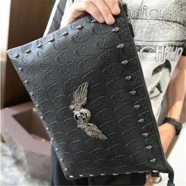 

factory sales brand personality male bag punk skull head leather hand bag men sportswear mens shoulder rivet large capacity