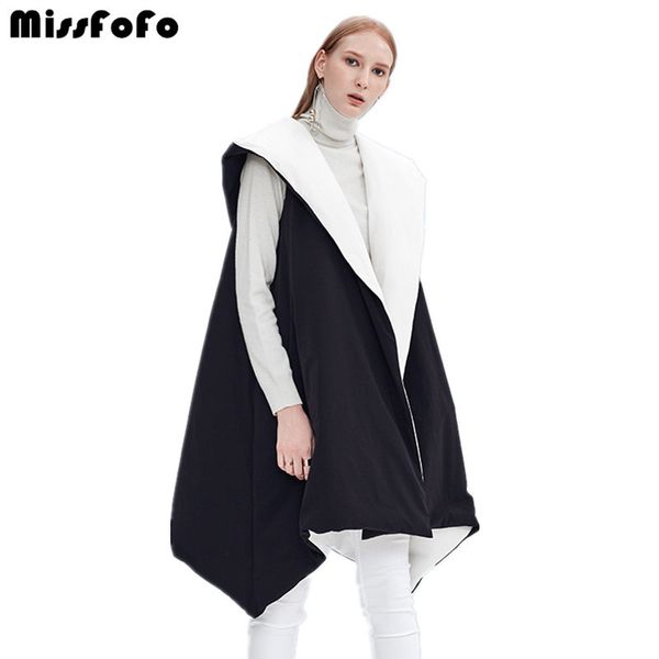 

missfofo 2017 new autumn and winter down vest coat female reversible cloak casual medium-long sleeveless duck down high quality, Black