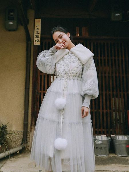 

original design aigyptos autumn winter women lolita style elegant sweet cute lantern sleeve long embroidery mesh parka jacket, Black