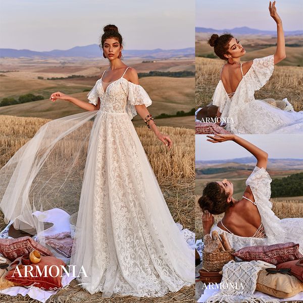 

simple bohemian tmarmonia a line wedding dresses spaghetti short sleeve tulle lace applique wedding gowns sweep train robe de mariÃ©e, White