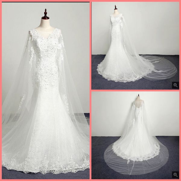 

2019 robe de mariage mermaid white lace appliques wedding dress scoop neckline with cape beaded modest muslim women wedding gowns sale