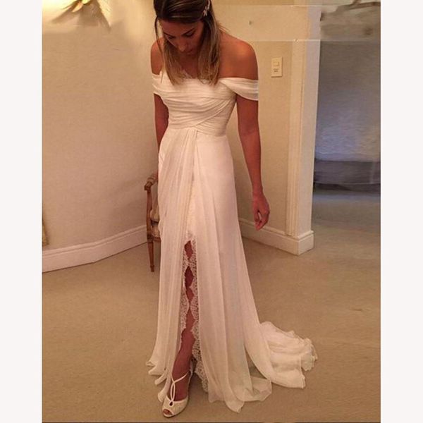 

White Chiffon Sexy Off The Shoulder Lace Beach Wedding Dresses Vintage Cap Sleeve Bridal Dresses Cheap Vestido De Noiva