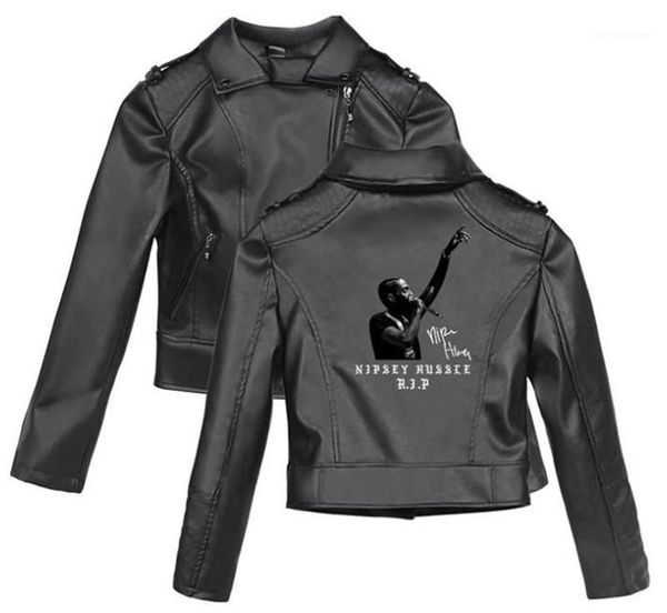 

teenager style women nipsey hussle pattern print with zipper leather jacket plus size long sleeve female coat, Black