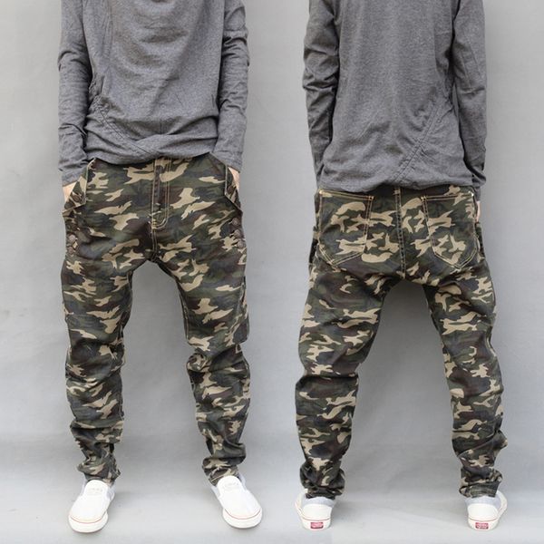 

men's jeans fashion streetwear men loose fit camouflage casual harem pants hombre elastic designer hip hop wide leg trousers, Blue