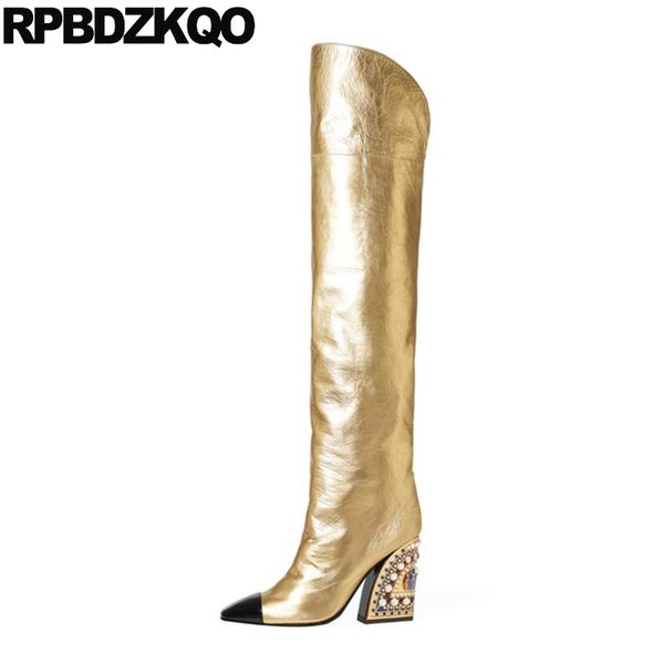 

chunky square toe wide calf gold big size over the knee shoes 13 45 pearl high heel crossdresser thigh boots for plus women, Black