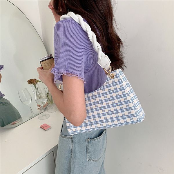 

plaid women shoulder bag design ladies handbags braided shoulder strap lady axillary bags women's crossbody bags blue