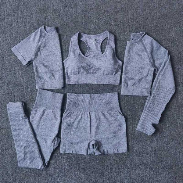 

5pcs set women workout seamless yoga set fitness short sleeve long crop shirts running gym leggings shorts gym clothes, Gray
