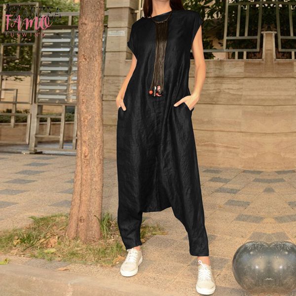

women jumpsui 2019 vintage sleeveless overalls drop crotch rompers wide leg trousers long playsuits combinaison femme 7, Black;white