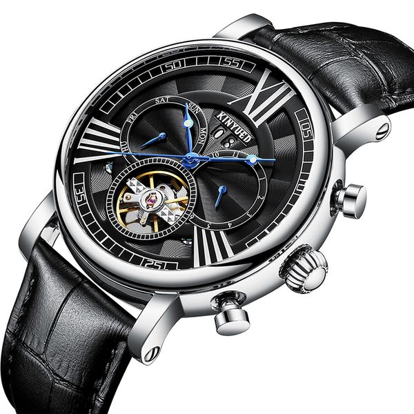 

luxury fully automatic mechanical watch men's business watch fashion trend waterproof and shockproof multi function leather watch - j02, Slivery;black