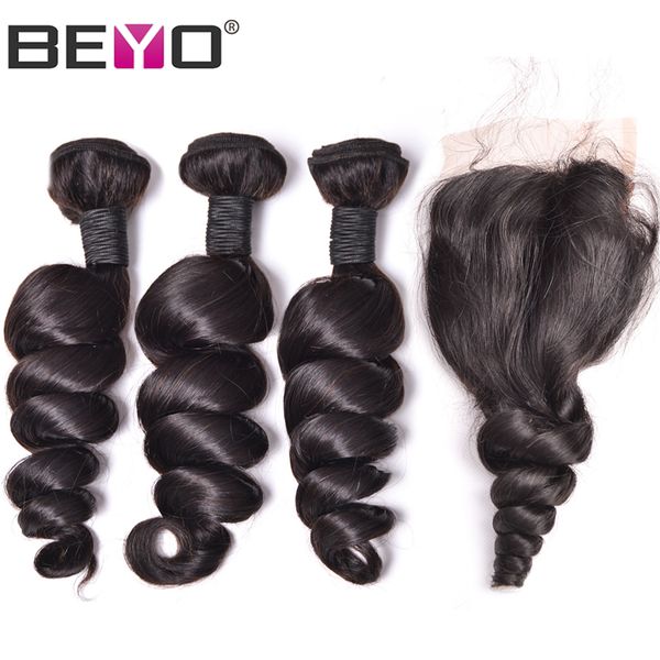 

расширение beyo сыпучие волна связки с закрытием бразильских волос плетение связки человеческих волос 3 пачки с закрытием remy волос natural, Black;brown