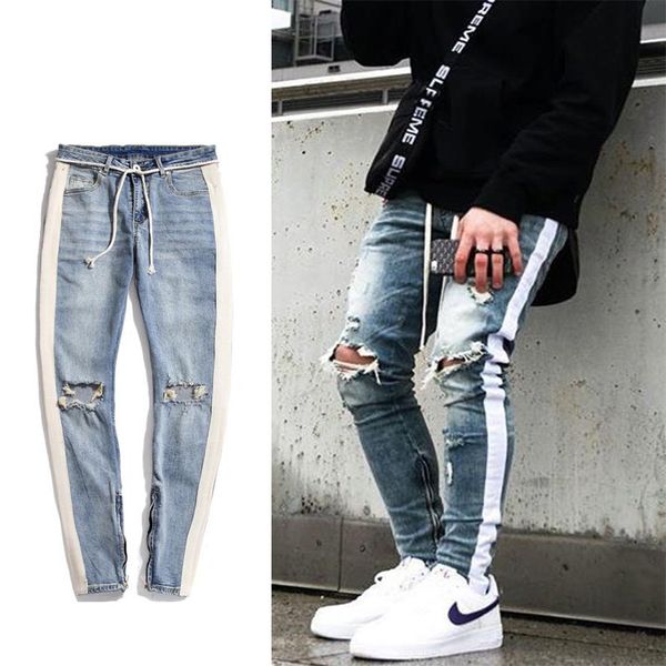 

men blue & black hip hop knee ripped skinny jeans streetwear white strip stitching ankle zipper casual destroyed denim pants