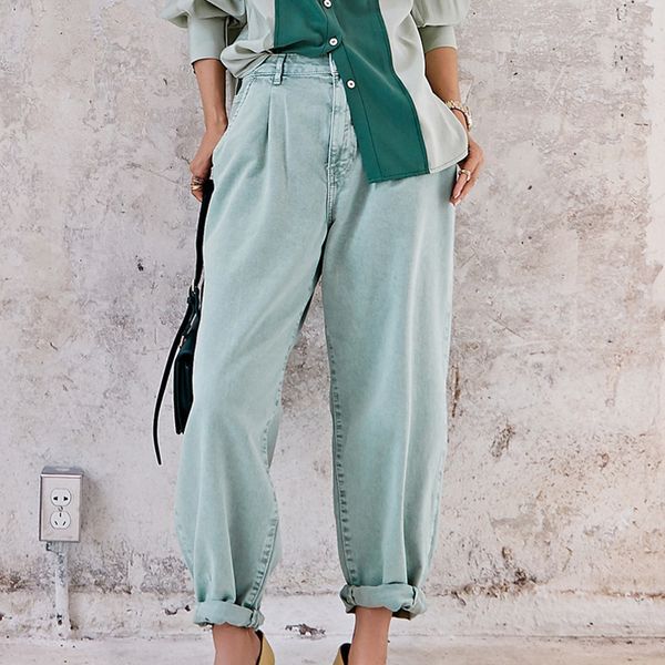 

fashion tide autumn and winter new fashion solid color high waist loose cotton street jeans women pb755, Blue