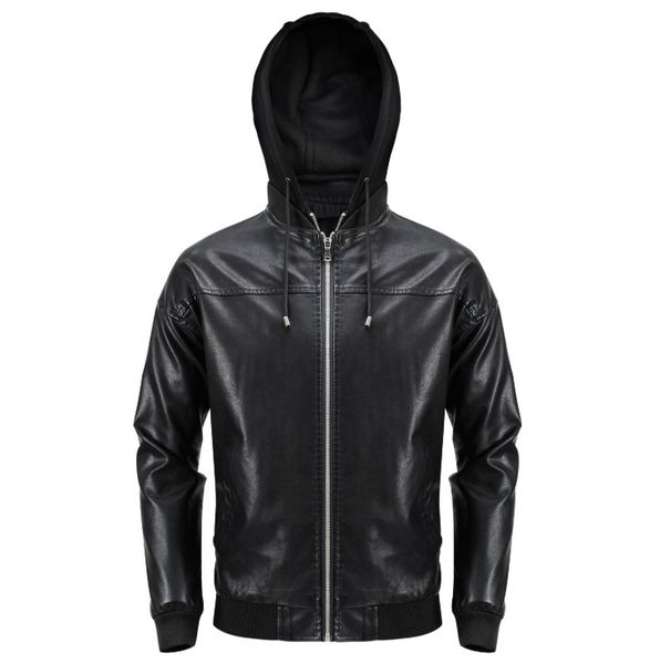 

men new brand casual motorcycle leather jackets hooded zippers men's locomotive jackets bomber leather jacket coats, Black