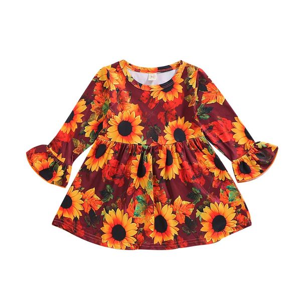 

1-6years flower toddler baby kid girls dress autumn long sleeve ruffles tutu sunflower dresses for girls, Red;yellow