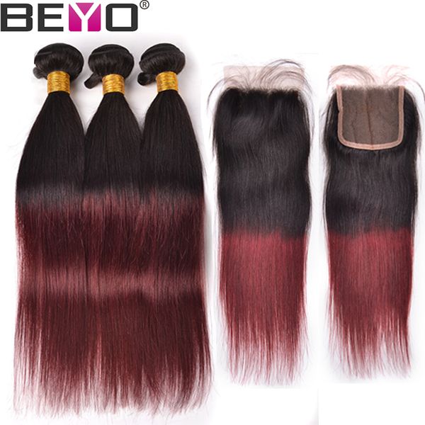 

1b 99j burgundy ombre human hair bundles with closure malaysian straight hair bundles with closure ombre lace closure with bundles remy beyo, Black;brown