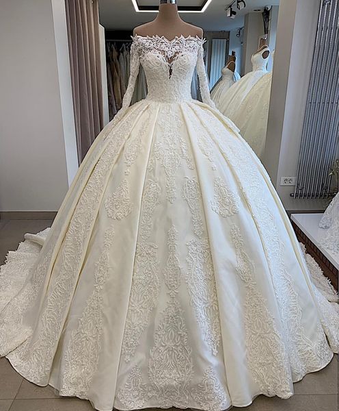 

noble lace beaded 2019 african dubai wedding dresses bateau long sleeves satin bridal dresses vintage wedding gowns, White
