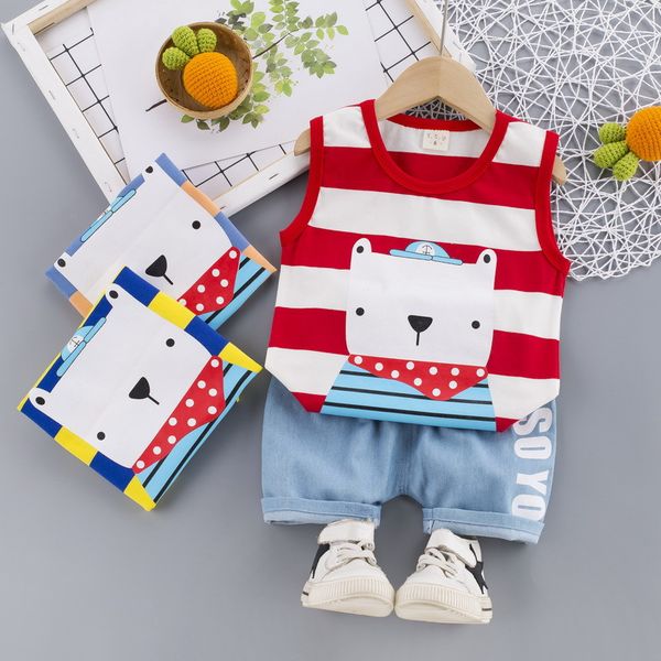

baby boys girls clothes summer cotton children cartoon stripe vest denim shorts 2pcs/sets infant kids fashion toddler tracksuits, White