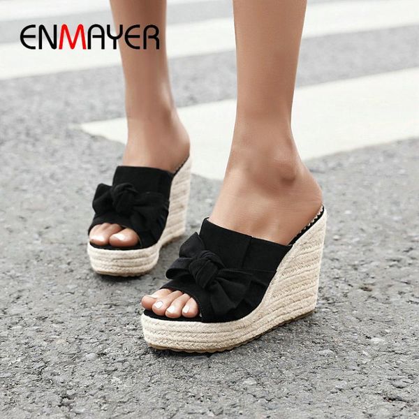 

enmayer outside slides solid pu flock summer butterfly-knot wedges womens shoes 2020 fashion women slippers size 34-43, Black