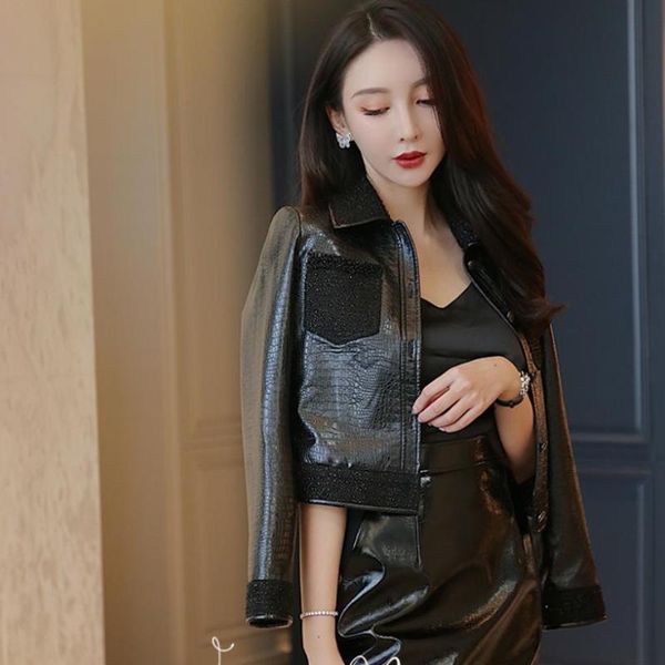 

streetwear style retro snake pattern pu leather jackets female autumn fashion single breasted leather outerwear f56, Black