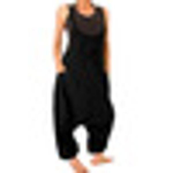 

pockets jumpsuit romper overall plus size round neck pants trousers womens, Black;white