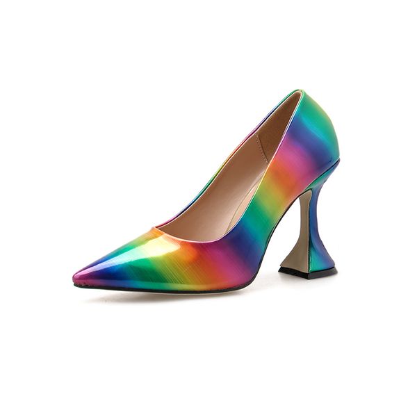 

bright color rainbow patent leather pu pointed pumps prom gown dress shoes 9cm spool high heels designer shoes size 35 to 41 cs5, Black