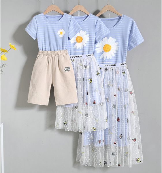 

summer mother daughter son dresses casual dress family matching clothes, Blue