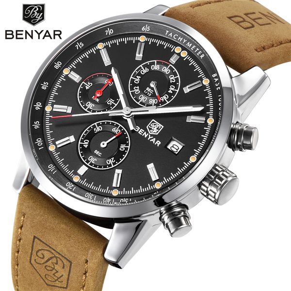 

luxury men's sports watch benyar brand calendar chronograph waterproof quartz watch leather men's zegarek meski, Slivery;brown
