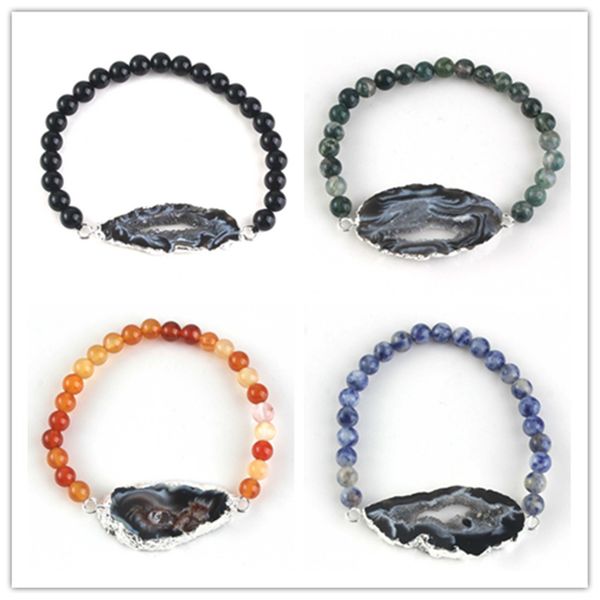 

kraft-beads silver plated irregular shape agates connect many colors round beads stone elastic bracelet, Black