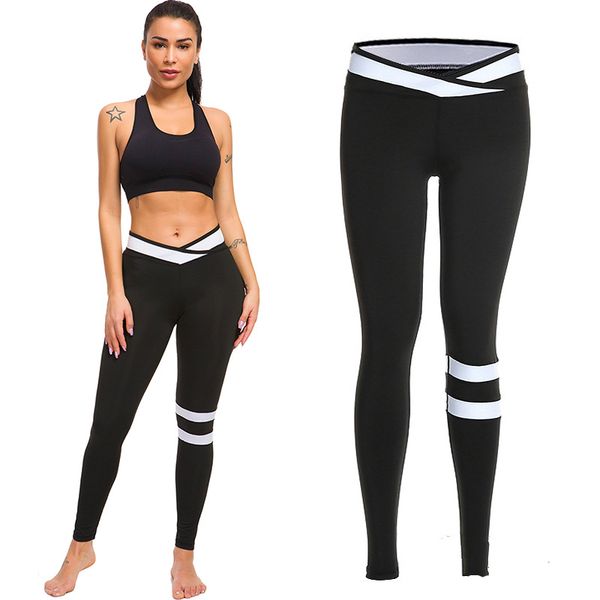 

women v waist fitness leggings casual workout sports pants stretchy trousers white striped patchwork legging skinny leggings, Black
