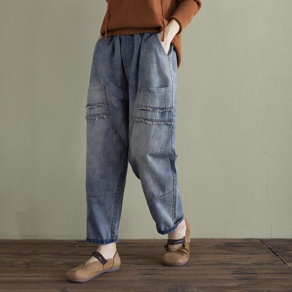 

2019 autumn pocket jeans women casual denim bleached spliced washed loose straight fashion wild cowboy jeans female vintage, Blue