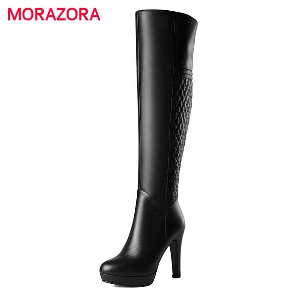 

morazora 2018 new autumn winter super high heel platform boots fashion round toe square heel knee high boots zip shoes women, Black