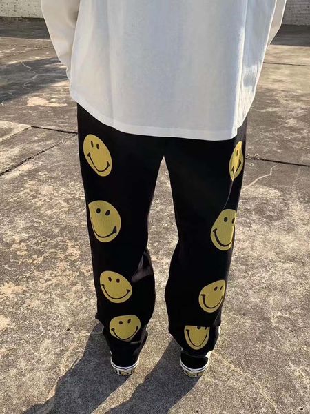 

smiley pattern print joggers sweatpants men elastic loose casual high streetweat sweat pants oversize harajuku baggy track pants, Black