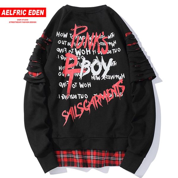 

aelfric eden patchwork hole men sweatshirts 2019 harajuku streetwear pullover fashion casual cotton oversize long sleeve outwear, Black